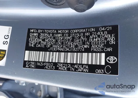 2021 Toyota Corolla Le из США, поврежденный, VIN JTDEPMAE0MJ183774